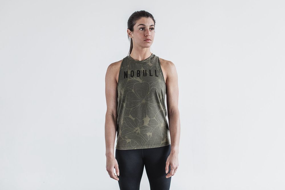 NOBULL Women's High-Neck Tank Tops - Army Green Hibiscus - Ireland (2051JZQVR)